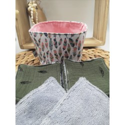 Panier similicuir et Lingettes lavables réutilisables plumes