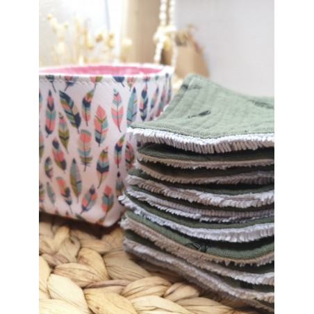 Panier similicuir et Lingettes lavables réutilisables plumes