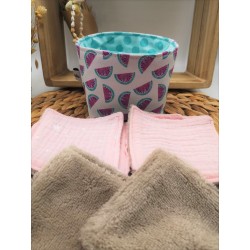 Panier similicuir et Lingettes lavables réutilisables rose pastèque
