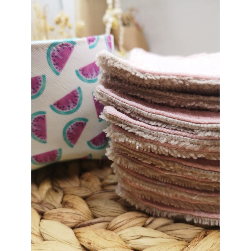 Panier similicuir et Lingettes lavables réutilisables rose pastèque