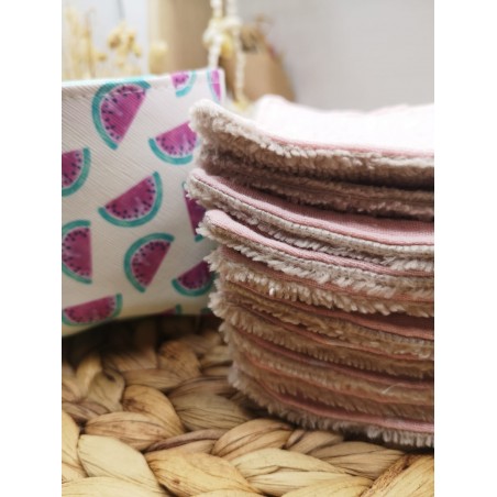 Panier similicuir et Lingettes lavables réutilisables rose pastèque