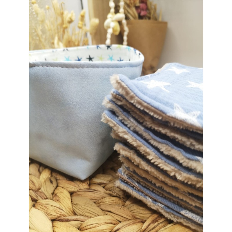 Panier similicuir et lingettes lavables réutilisables bleu glacier