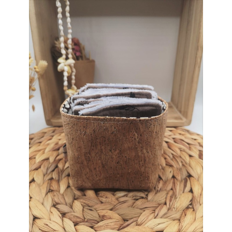 Panier liège et Lingettes lavables réutilisables marron glacé