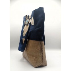 Sac BOISSY fleur similicuir beige et suédine marine - Artisanat fantaisie