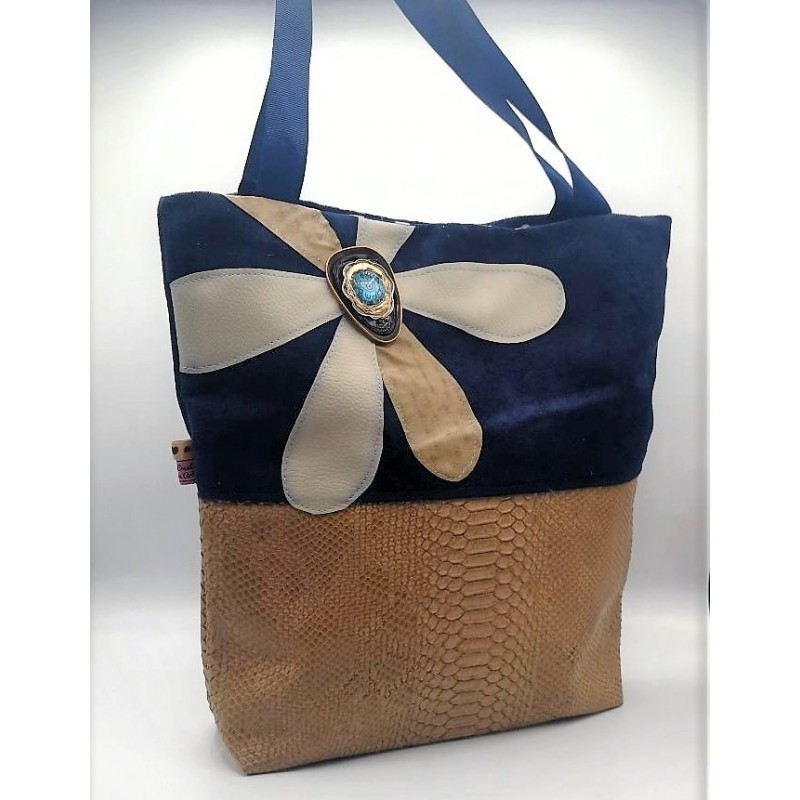 Sac BOISSY fleur similicuir beige et suédine marine - Artisanat fantaisie