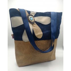 Sac BOISSY fleur similicuir beige et suédine marine - Artisanat fantaisie