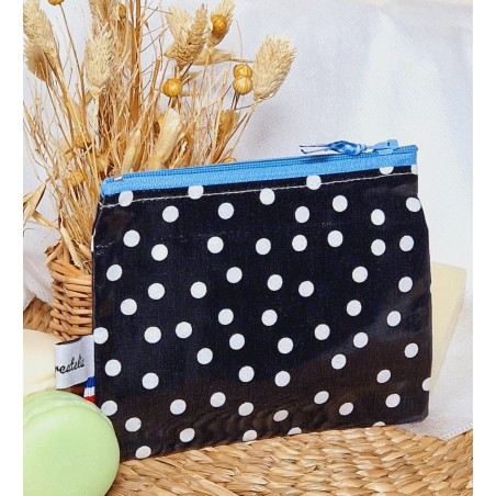 Pochette imperméable à savon coton enduit bleu ciel noir pois blanc - Artisanat zéro déchet