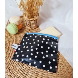 Pochette imperméable à savon coton enduit bleu ciel noir pois blanc - Artisanat zéro déchet