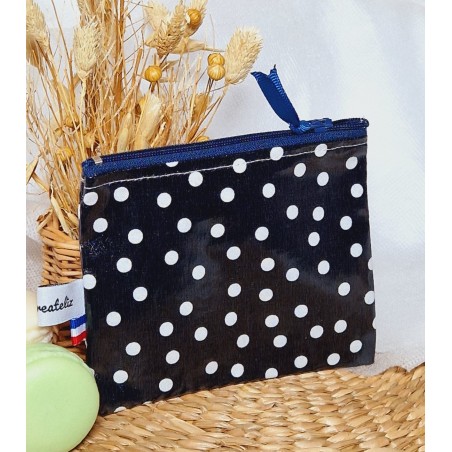 Pochette imperméable à savon coton enduit bleu marine noir pois blanc - Artisanat zéro déchet