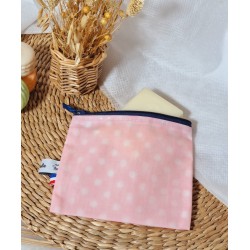 Pochette imperméable à savon coton enduit bleu marine rose pois blanc - Artisanat zéro déchet