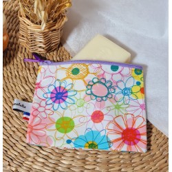 Pochette imperméable à savon coton enduit violet blanc fleurs - Artisanat zéro déchet