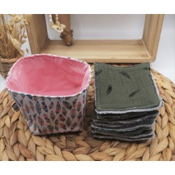 Panier similicuir et Lingettes lavables réutilisables plumes