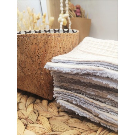 Panier liège et Lingettes lavables réutilisables écru