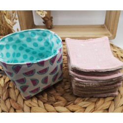 Panier similicuir et Lingettes lavables réutilisables rose pastèque