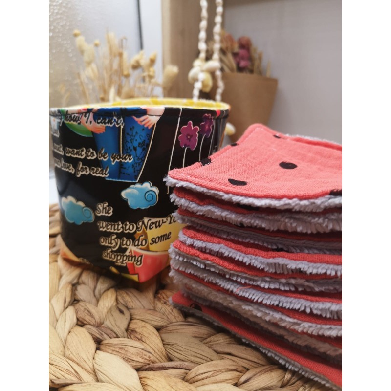 Panier similicuir et Lingettes lavables réutilisables corail