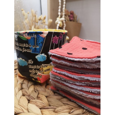 Panier similicuir et Lingettes lavables réutilisables corail