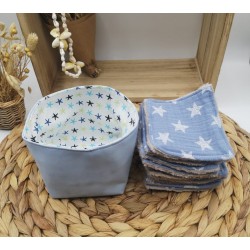 Panier similicuir et lingettes lavables réutilisables bleu glacier