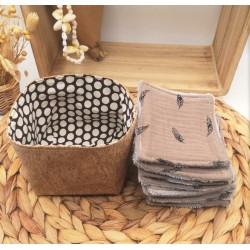 Panier liège et Lingettes lavables réutilisables marron glacé