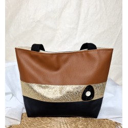 Sac cabas VALENTINE trio similicuir caramel doré noir - Artisanat fantaisie