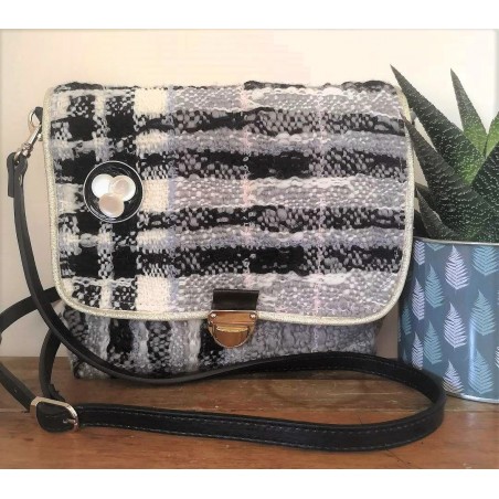 Sac bandoulière LOUISE tweed gris rose Création artisanale