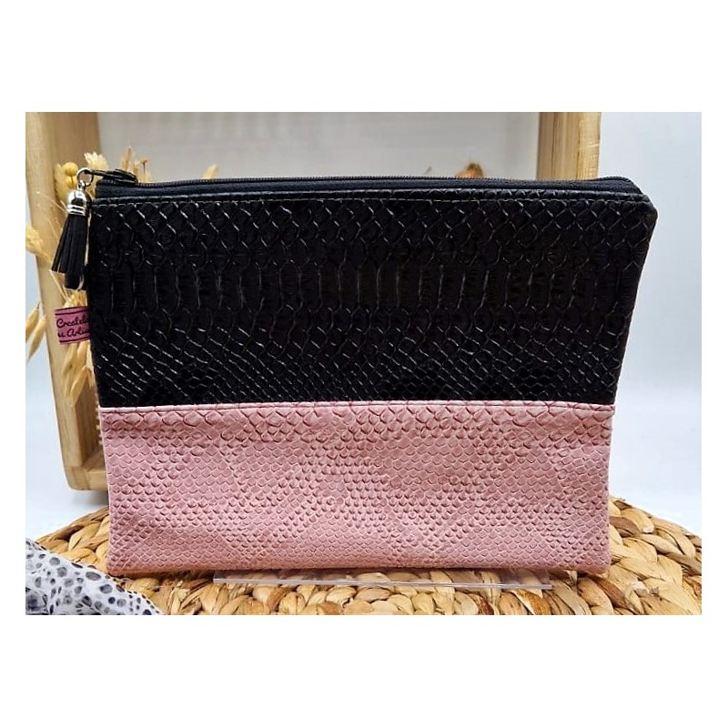 Trousse Pochette L en similicuir rose et noir Création artisanale