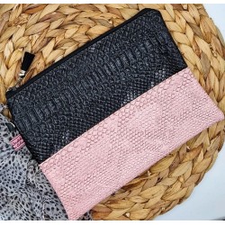 Trousse Pochette L en similicuir rose et noir Création artisanale