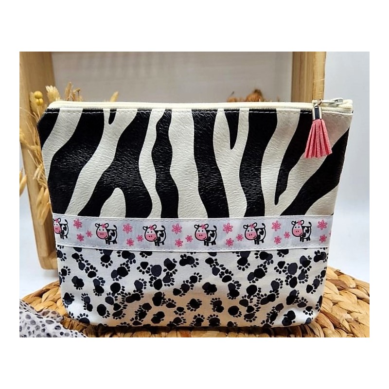 Trousse Pochette L en similicuir noir & blanc zèbre animal Création artisanale