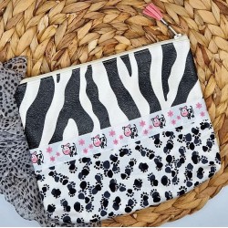 Trousse Pochette L en similicuir noir & blanc zèbre animal Création artisanale