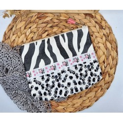 Trousse Pochette L en similicuir noir & blanc zèbre animal Création artisanale