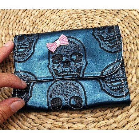 Porte-monnaie CLARA similicuir bleu métal tête de mort Création artisanale fantaisie