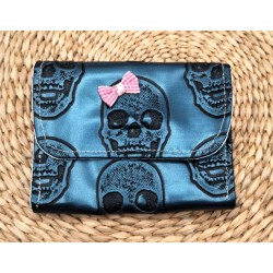 Porte-monnaie CLARA similicuir bleu métal tête de mort Création artisanale fantaisie