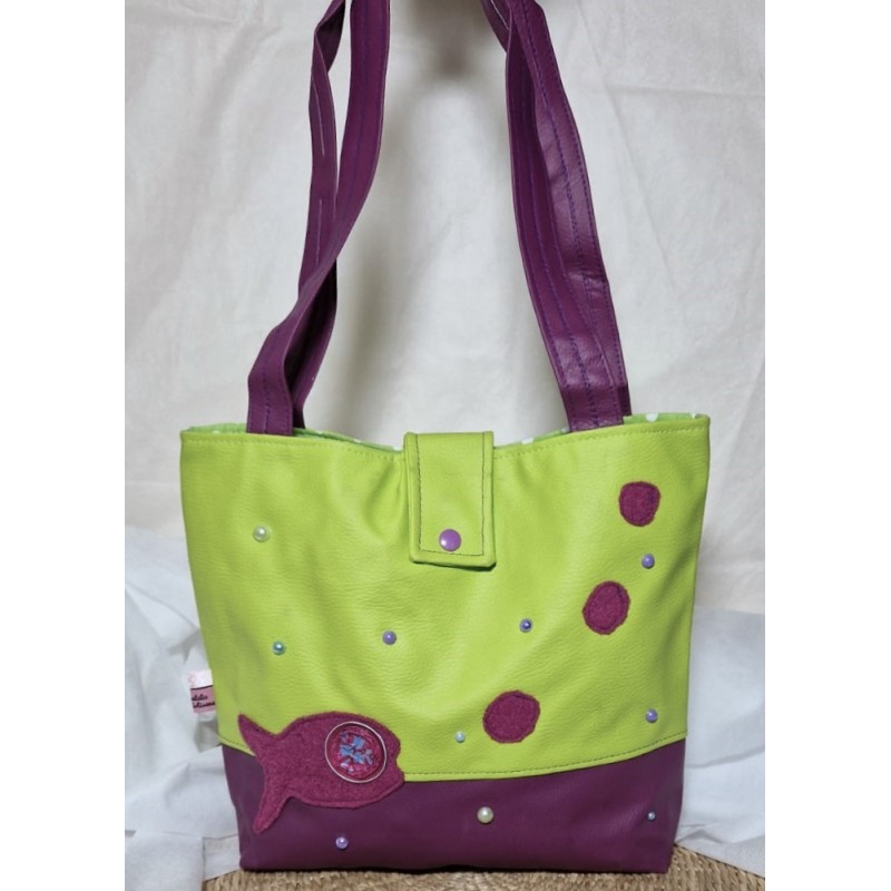 Sac BOISSY poisson en similicuir prune vert pomme - Artisanat fantaisie