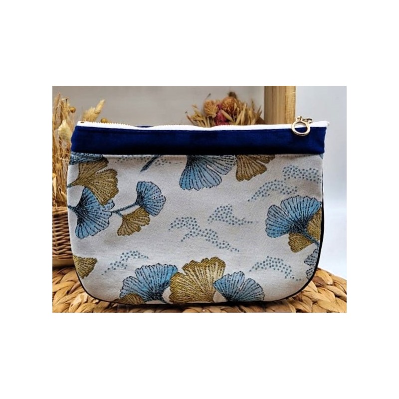 Trousse Pochette L en velours bleu et jacquard tendance Création artisanale fantaisie