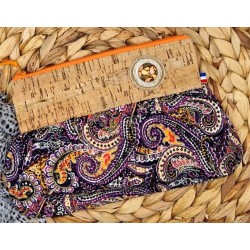 Trousse Pochette L en liège et coton motifs paisley violet orange Création artisanale fantaisie