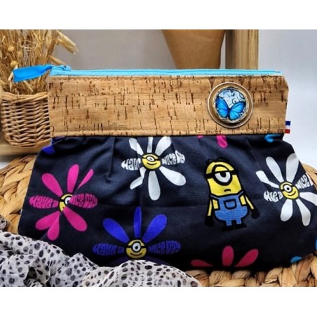 Trousse Pochette L en liège et coton thème Les Minions Création artisanale fantaisie