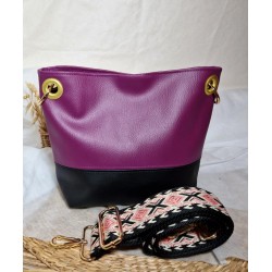 Sac bandoulière PAULINE similicuir noir prune intemporel Création artisanale