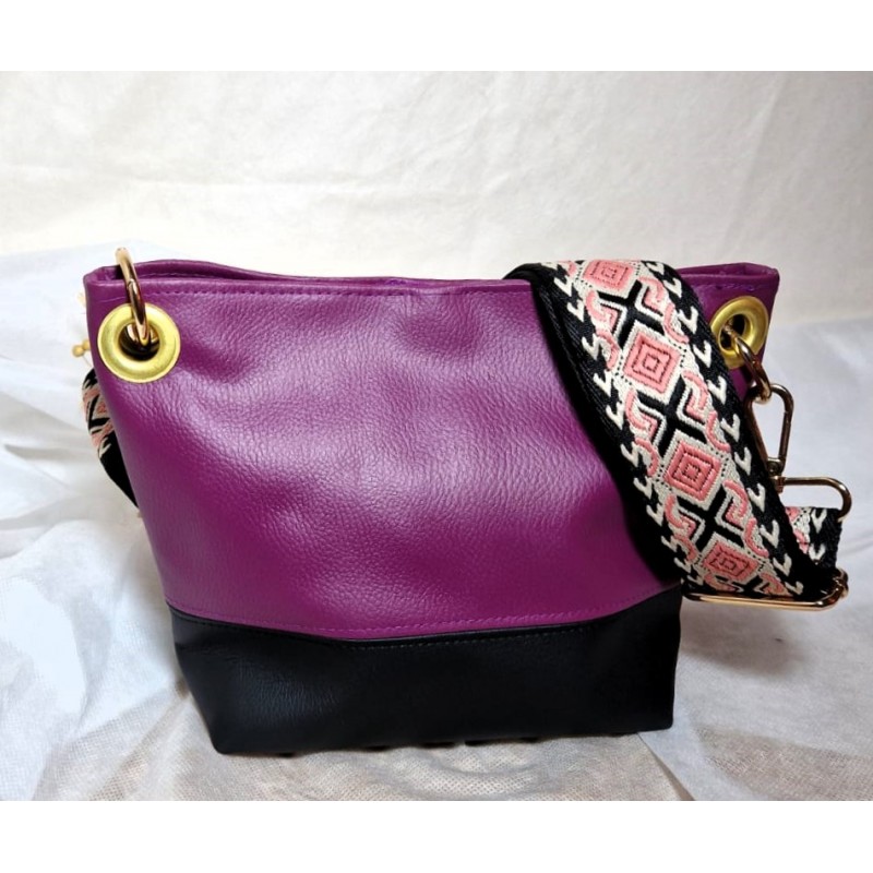 Sac bandoulière PAULINE similicuir noir prune intemporel Création artisanale