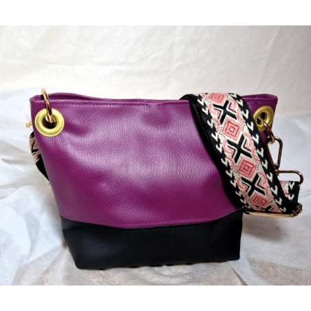 Sac bandoulière PAULINE similicuir noir prune intemporel Création artisanale