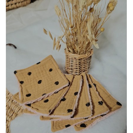 Lingettes démaquillantes lavables réutilisables moutarde à pois