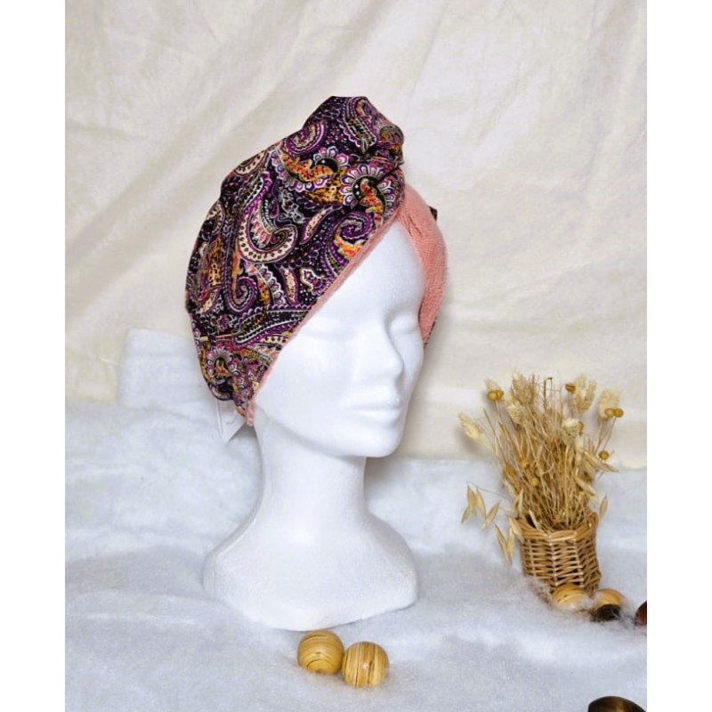 Serviette turban cheveux violet paysley Confection artisanale