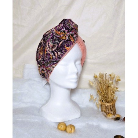 Serviette turban cheveux violet paysley Confection artisanale
