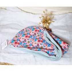 Serviette turban cheveux rose et bleu à fleurs Confection artisanale