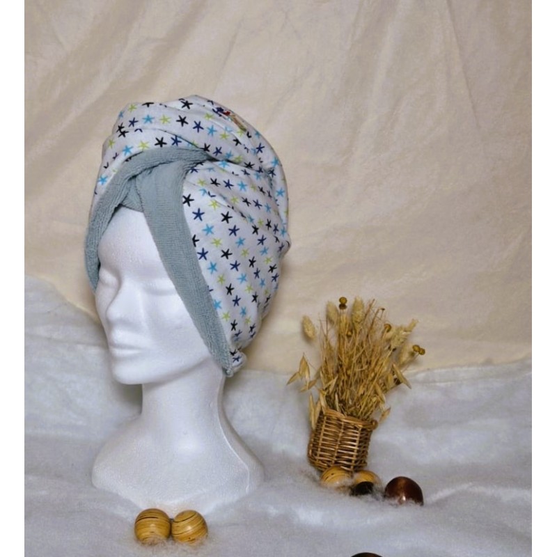 Serviette turban cheveux coton étoiles et bambou Confection artisanale