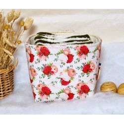 Panier similicuir à fleurs et Lingettes lavables kaki réutilisables Confection artisanale