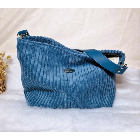 Sac Hobo CHARLOTTE velours côtelé bleu Création artisanale