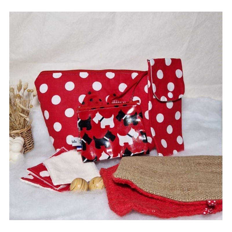 Trousse de toilette bleu rouge à pois blanc et accessoires Création artisanale