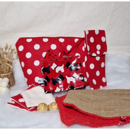 Trousse de toilette bleu rouge à pois blanc et accessoires Création artisanale