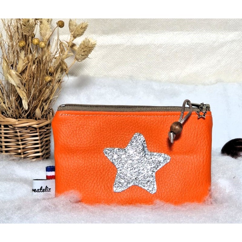 Portemonnaie TINA zippé simili cuir orange étoile argentée Création artisanale fantaisie