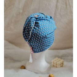 Serviette turban cheveux bleu fleur rose Confection artisanale