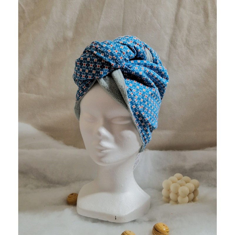 Serviette turban cheveux bleu fleur rose Confection artisanale